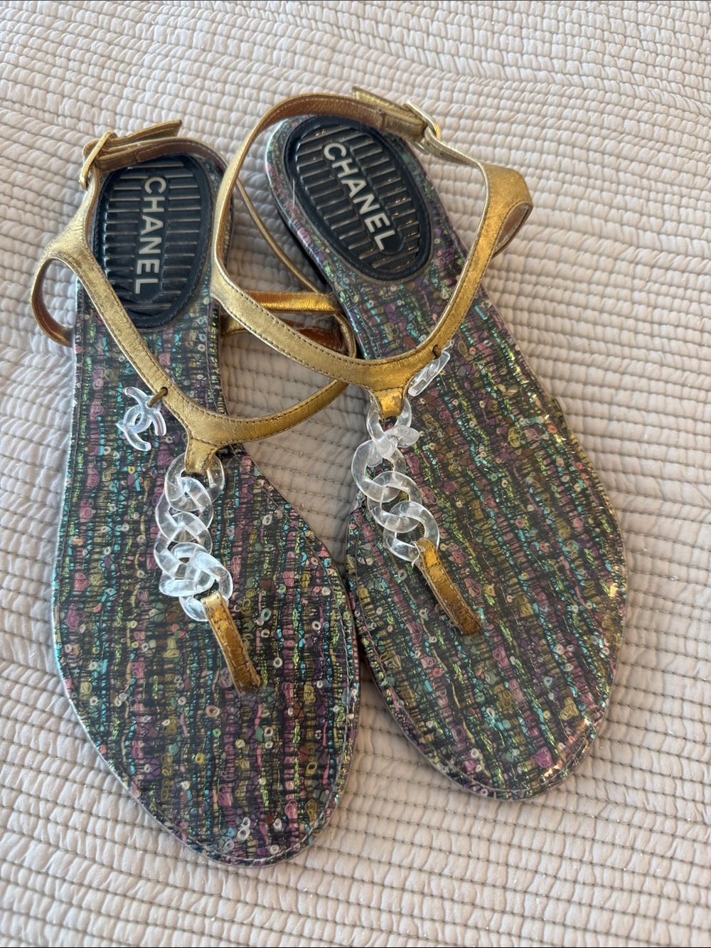 Chanel Gold Leather T-Strap Sandals with Clear Chain Accent (very much loved) ✨